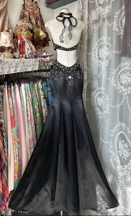 Gorgeous Mermaid Halter Black Satin Beaded Backless Without Sleeves Long Prom Dress, Evening Dress