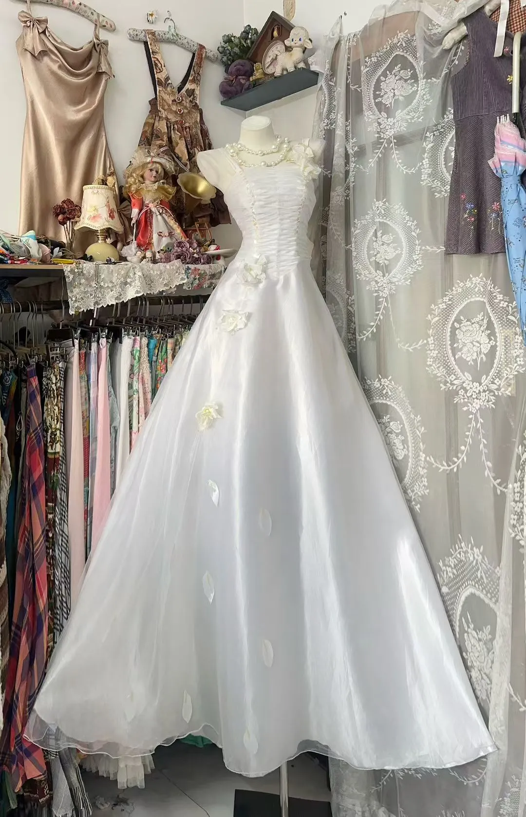 White A Line Spaghetti Straps Satin Applique Without Sleeves Long Prom Dress, Evening Dress
