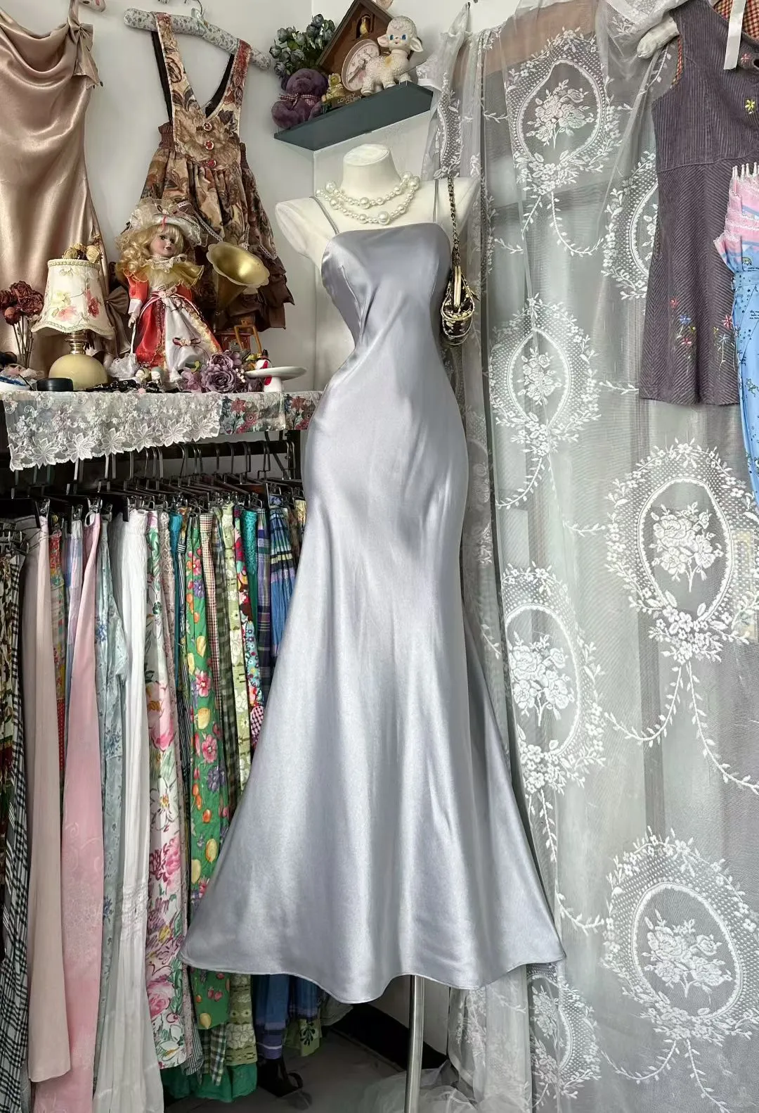 Gray Simple Mermaid Spaghetti Straps Satin Without Sleeves Long Prom Dress, Evening Dress