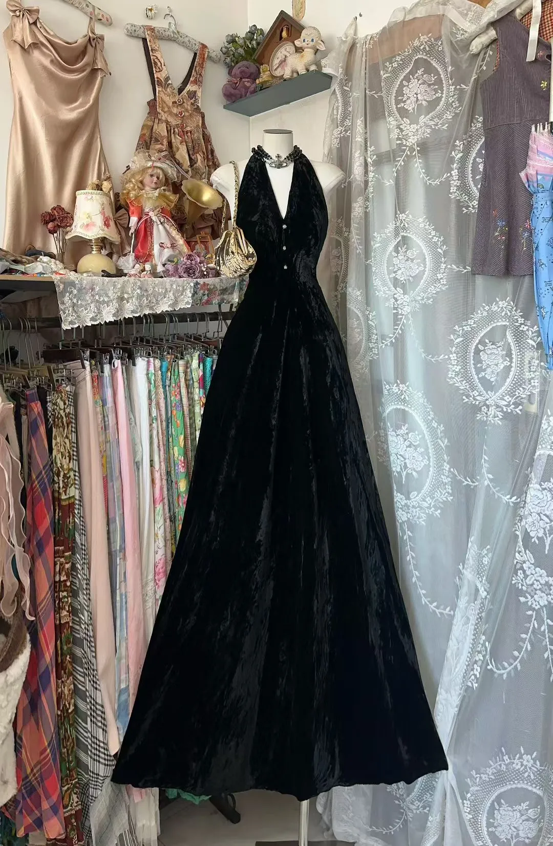 Elegant Black A Line Halter Velvet Without Sleeves Long Prom Dress, Evening Dress