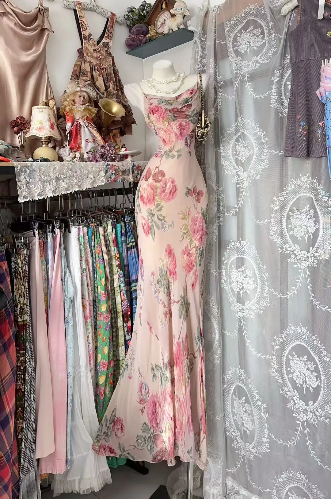 Unique Mermaid Spaghetti Straps Printed Floral Chiffon Without Sleeves Long Prom Dress, Evening Dress