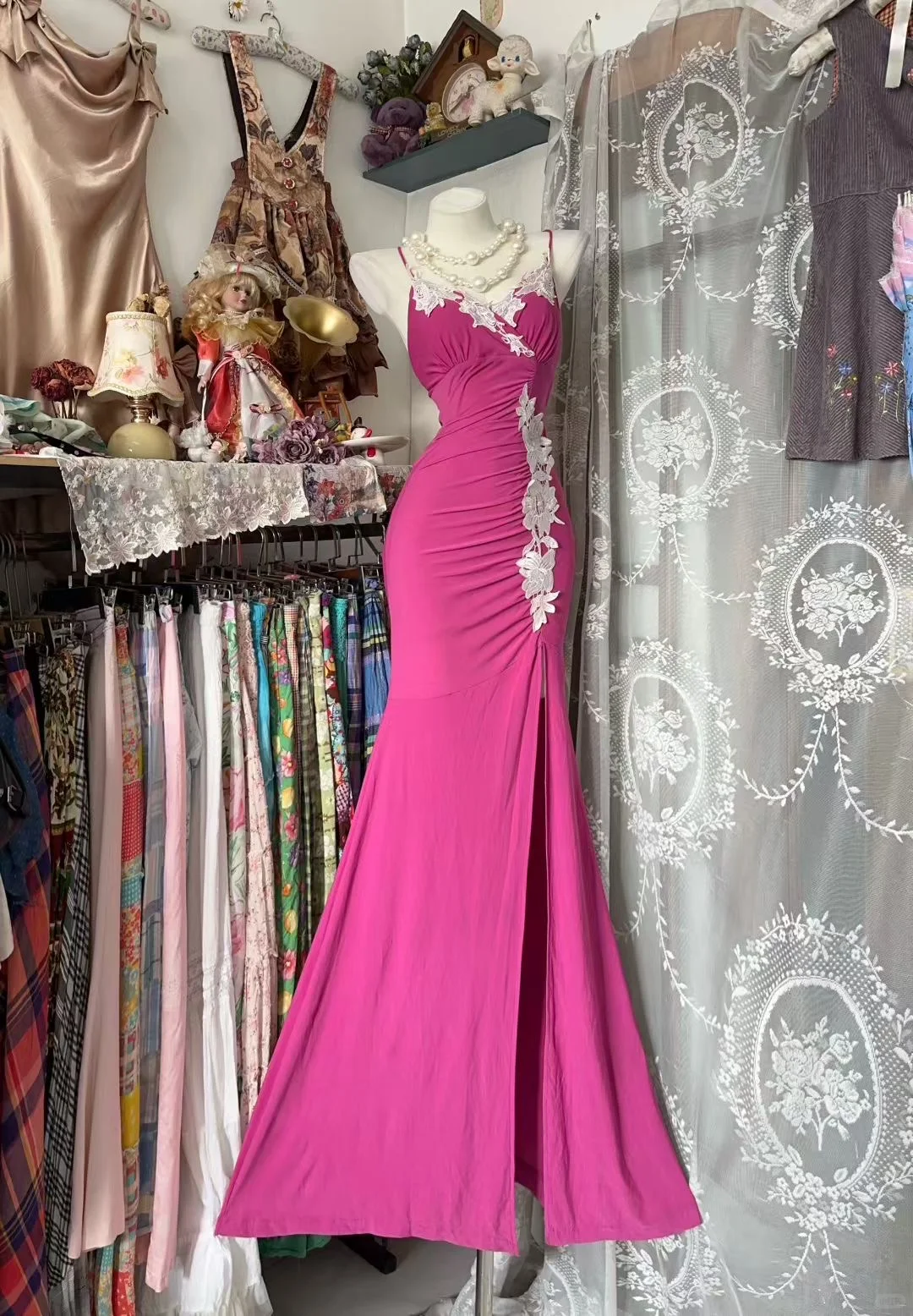 Hot Pink Mermaid Spaghetti Straps Satin Applique Slit Without Sleeves Long Prom Dress, Evening Dress