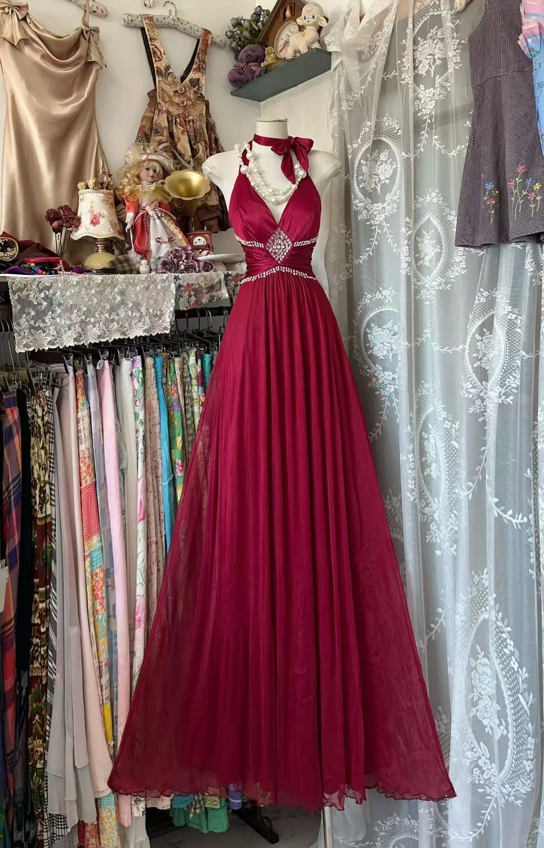 Vintage Burgundy A Line Halter Chiffon Beaded Without Sleeves Long Prom Dress, Evening Dress