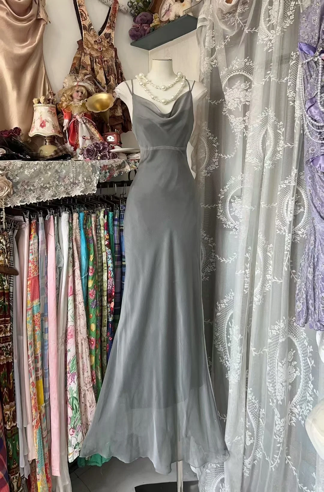 Gray Mermaid Spaghetti Straps Chiffon Without Sleeves Long Prom Dress, Evening Dress