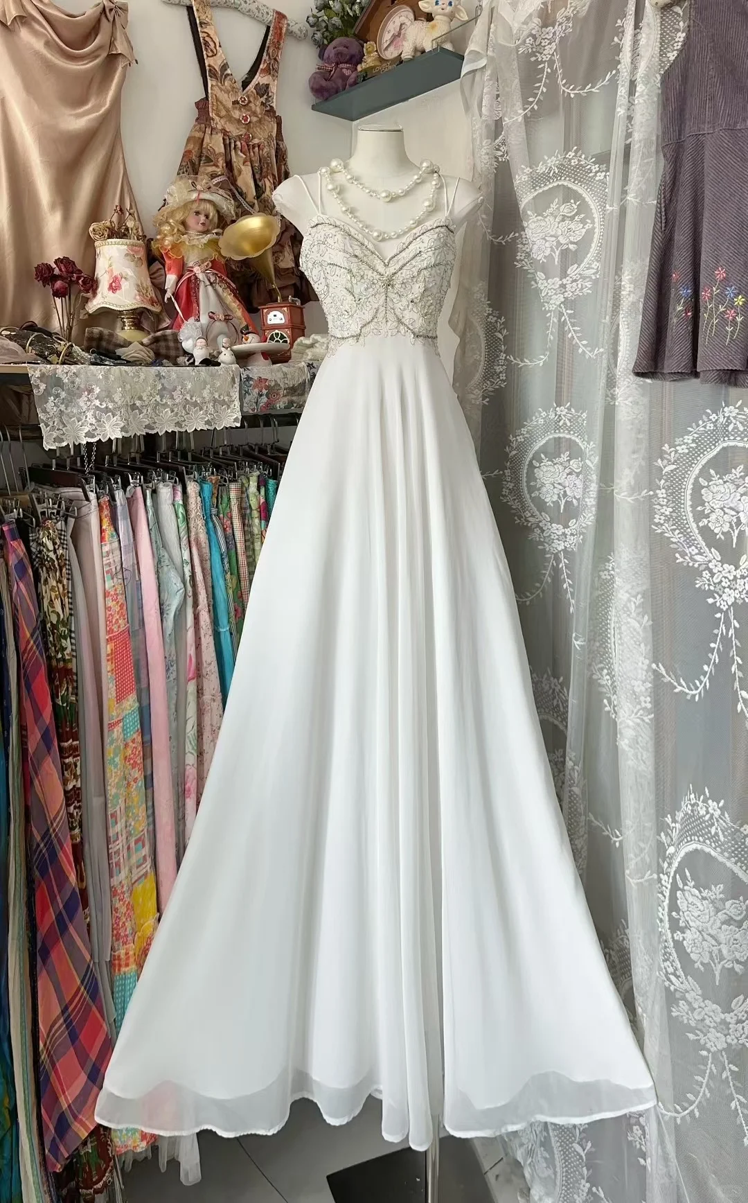 White Elegant A Line Spaghetti Straps Chiffon Lace Without Sleeves Long Prom Dress, Evening Dress