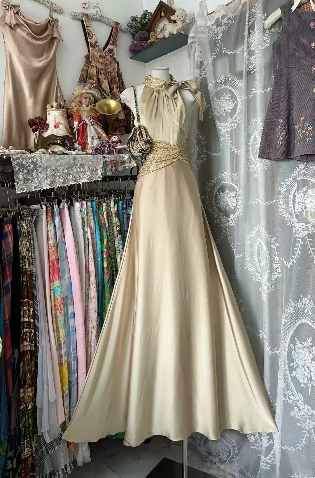 Pretty A Line Halter Satin Sequin Without Sleeves Long Prom Dress, Evening Dress