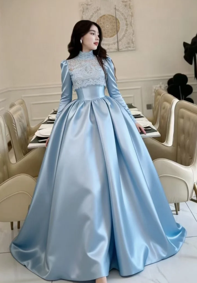 Formal A Line Lace High Neck Satin Long Sleeves Long Prom Dress, Evening Dress