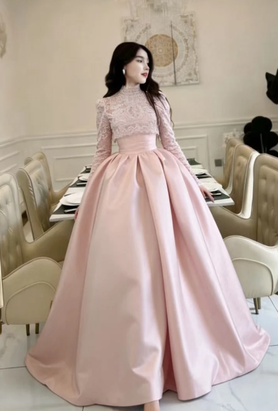 Pink Formal A Line Lace High Neck Satin Long Sleeves Long Prom Dress, Evening Dress