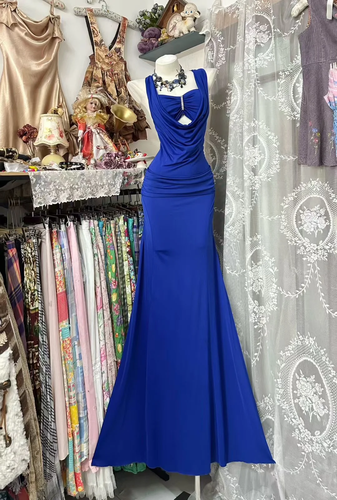 Sexy Royal Blue Mermaid Satin Without Sleeves Long Prom Dress, Evening Dress
