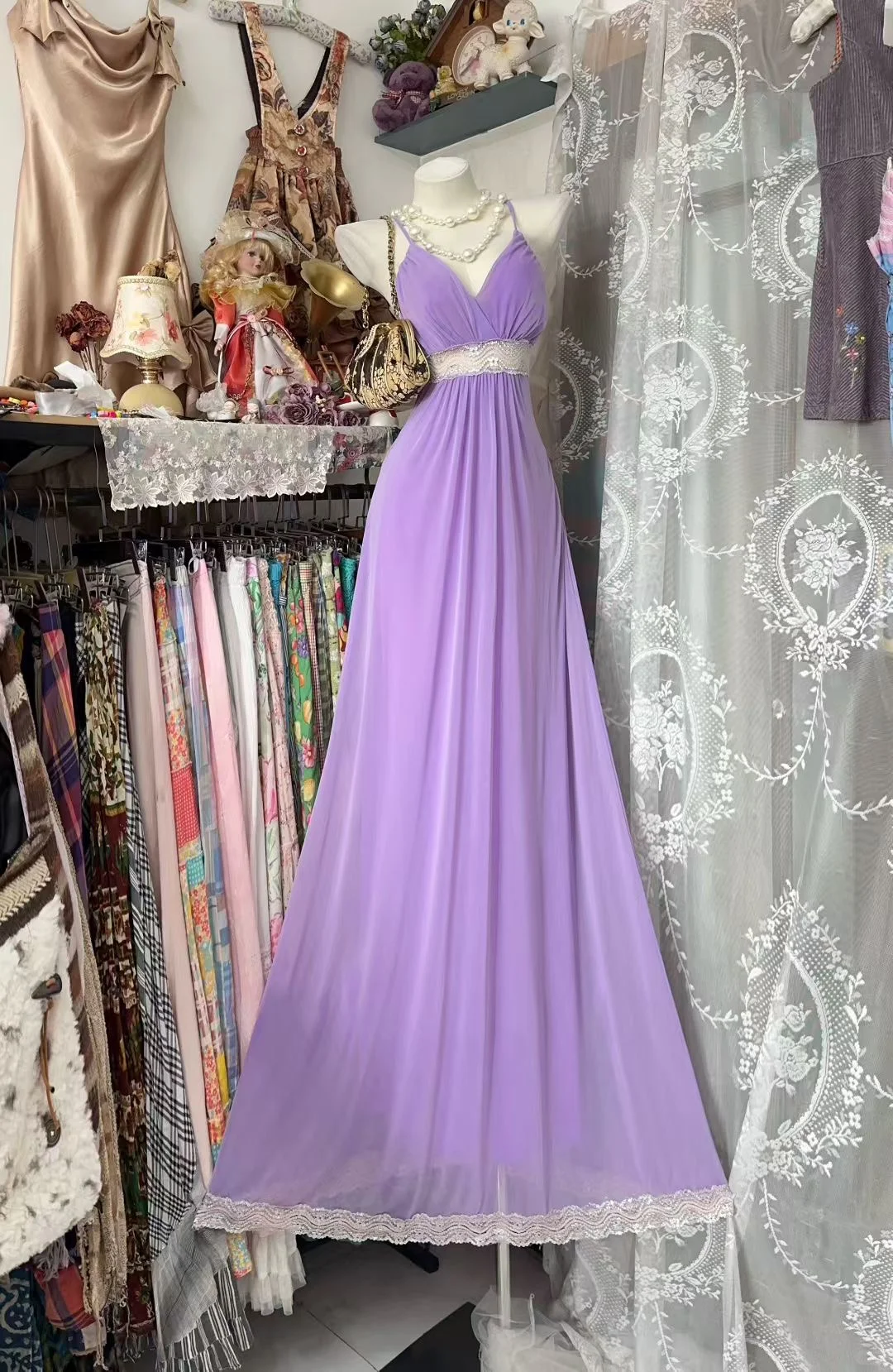 Elegant A Line Lilac Spaghetti Straps Tulle Lace Without Sleeves Long Prom Dress, Evening Dress