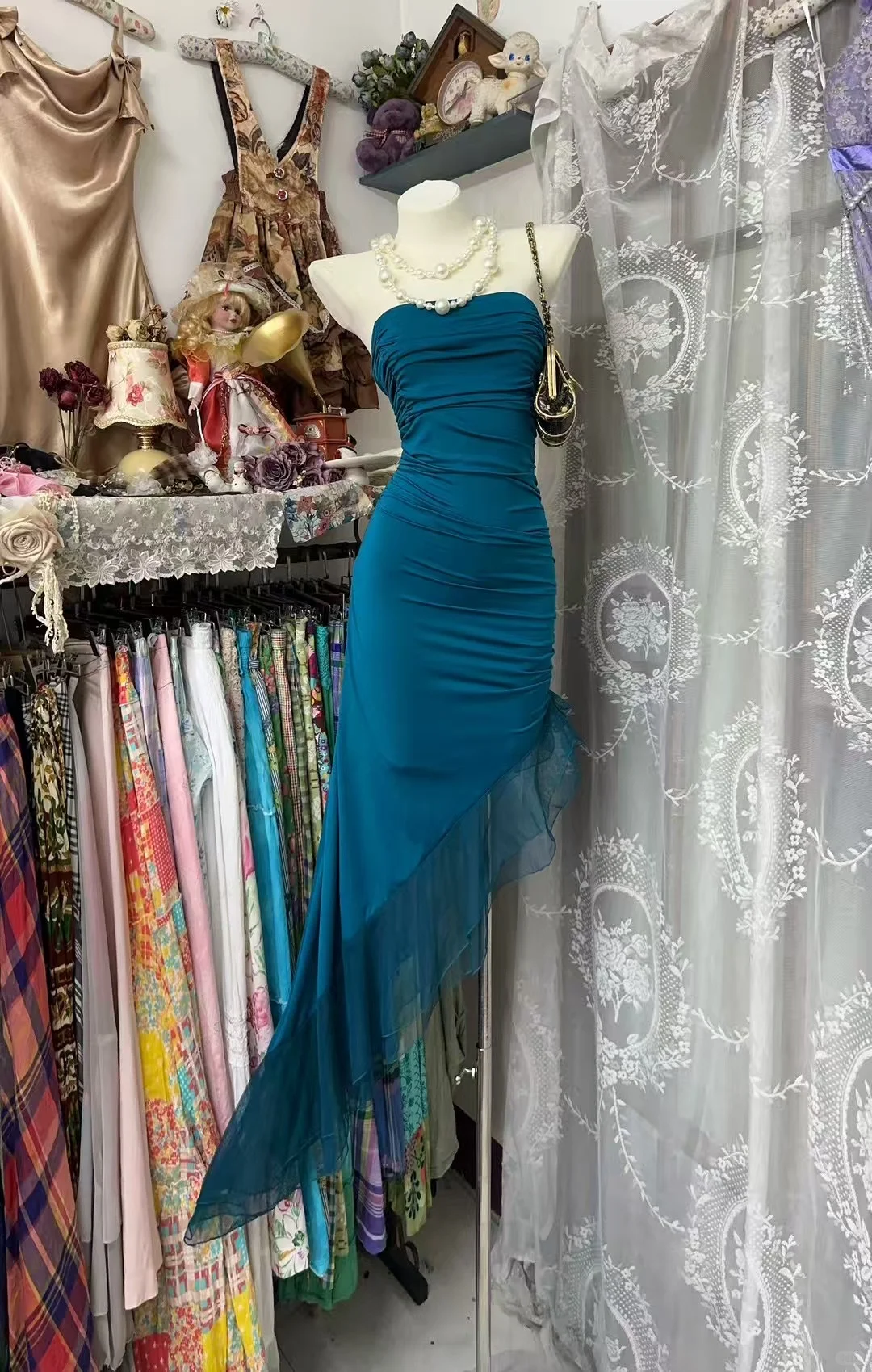 Sheath Mermaid Strapless Satin Tulle Without Sleeves Long Prom Dress, Evening Dress
