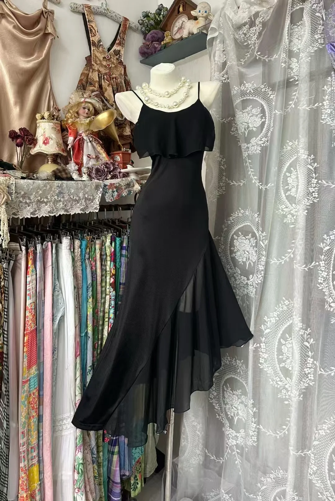 Elegant Mermaid Black Spaghetti Straps Satin Chiffon Without Sleeves Long Prom Dress, Evening Dress