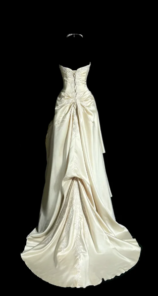 Pretty A Line Strapless Satin Lace Without Sleeves Long Prom Dress, Evening Dress