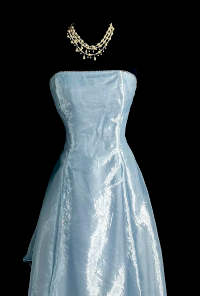 Cute A Line Strapless Pale Blue Satin Chiffon Without Sleeves Long Prom Dress, Evening Dress