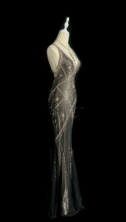 Vintage Mermaid V Neck Satin Beaded Without Sleeves Long Prom Dress, Evening Dress
