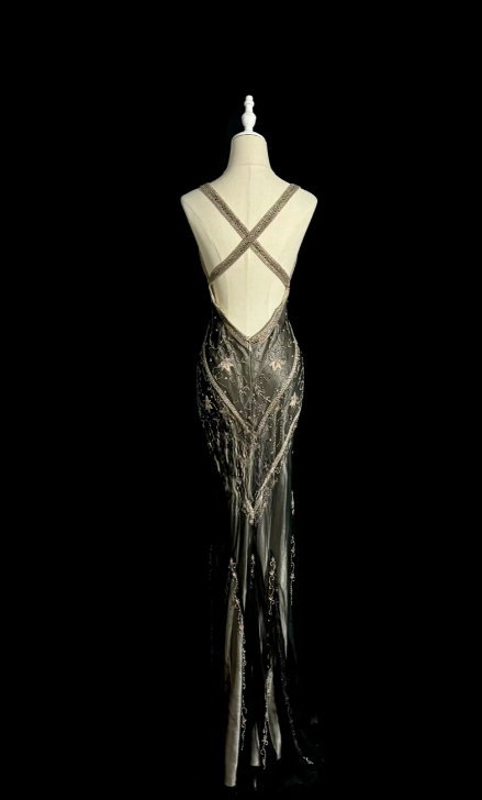 Vintage Mermaid V Neck Satin Beaded Without Sleeves Long Prom Dress, Evening Dress