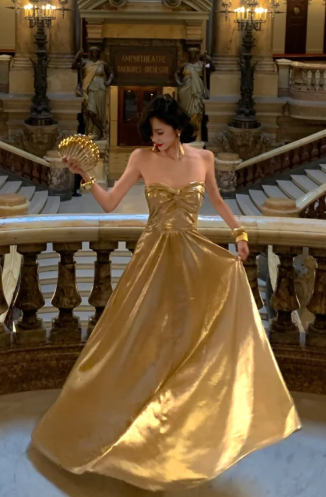 Gold A Line Strapless Satin Without Sleeves Long Prom Dress, Evening Dress