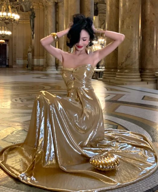 Gold A Line Strapless Satin Without Sleeves Long Prom Dress, Evening Dress