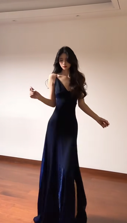 Sexy A Line Navy Blue Spaghetti Straps Satin Slit Without Sleeves Long Prom Dress, Evening Dress
