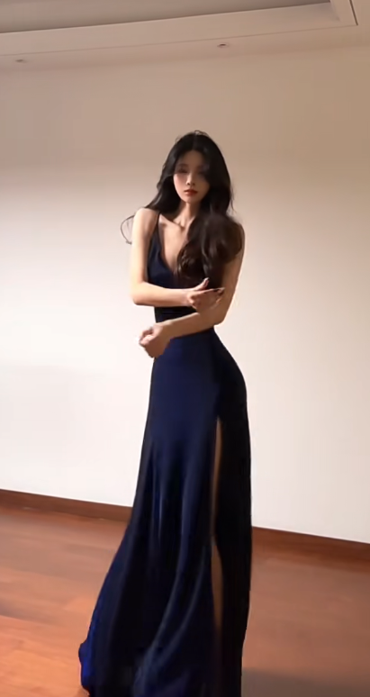 Sexy A Line Navy Blue Spaghetti Straps Satin Slit Without Sleeves Long Prom Dress, Evening Dress