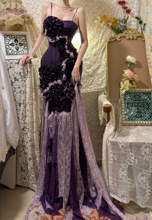 Obsessed Dark Purple Mermaid Spaghetti Straps Satin Lace Without Sleeves Long Prom Dress, Evening Dress