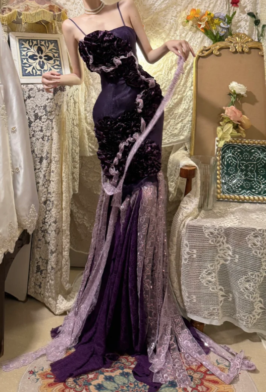 Obsessed Dark Purple Mermaid Spaghetti Straps Satin Lace Without Sleeves Long Prom Dress, Evening Dress