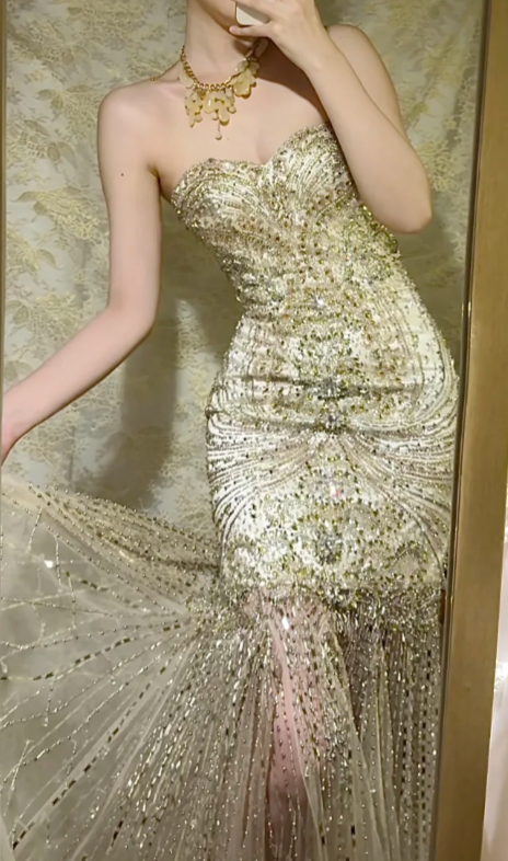 Charming Mermaid Strapless Tulle Sequin Beaded Without Sleeves Long Prom Dress, Evening Dress