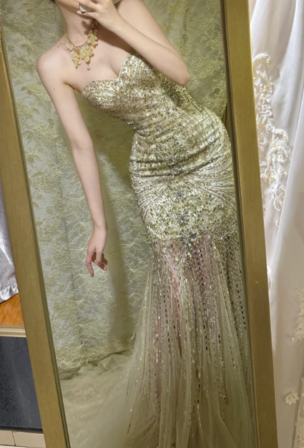 Charming Mermaid Strapless Tulle Sequin Beaded Without Sleeves Long Prom Dress, Evening Dress