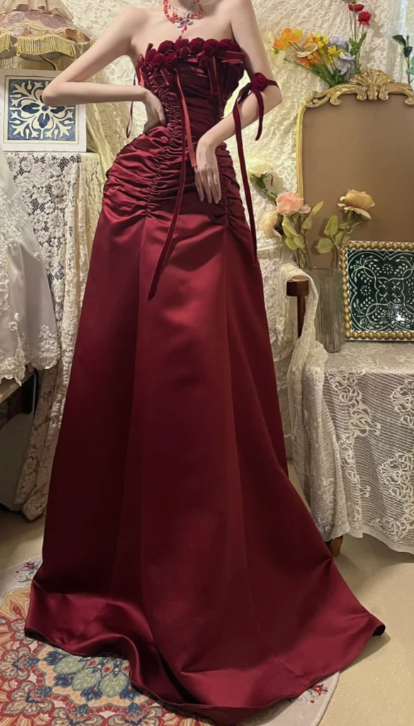 Chic A Line Burgundy Strapless Satin Without Sleeves Long Prom Dress, Evening Dress