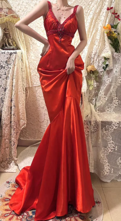 Classy Mermaid Red V Neck Satin Beaded Without Sleeves Long Prom Dress, Evening Dress