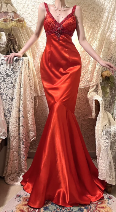 Classy Mermaid Red V Neck Satin Beaded Without Sleeves Long Prom Dress, Evening Dress
