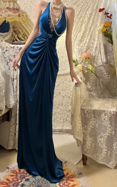 Elegant Mermaid V Neck Satin Sequin Without Sleeves Long Prom Dress, Evening Dress