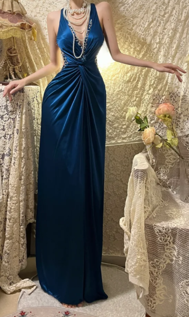 Elegant Mermaid V Neck Satin Sequin Without Sleeves Long Prom Dress, Evening Dress