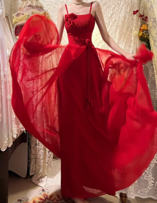 Pretty A Line Red Spaghetti Straps Chiffon Without Sleeves Long Prom Dress, Evening Dress