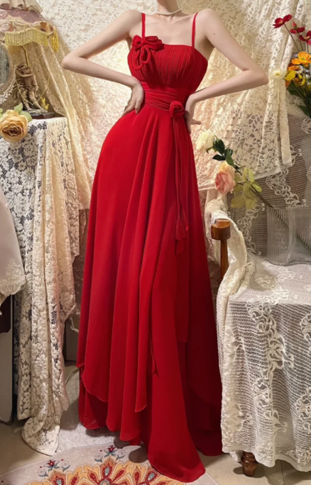 Pretty A Line Red Spaghetti Straps Chiffon Without Sleeves Long Prom Dress, Evening Dress