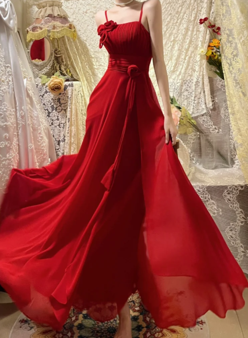 Pretty A Line Red Spaghetti Straps Chiffon Without Sleeves Long Prom Dress, Evening Dress