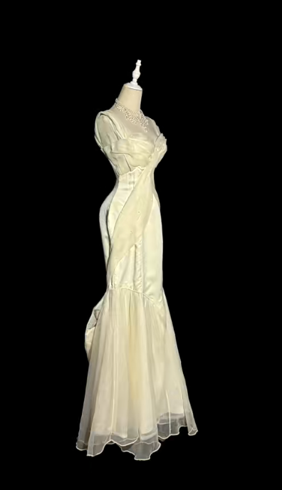 Chic Mermaid Ivory Spaghetti Straps Satin Chiffon Beaded Without Sleeves Long Prom Dress, Evening Dress