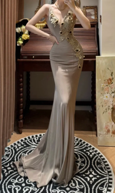 Sexy Mermaid V Neck Satin Lace Applique Without Sleeves Long Prom Dress, Evening Dress