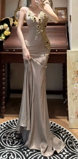 Sexy Mermaid V Neck Satin Lace Applique Without Sleeves Long Prom Dress, Evening Dress