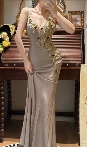 Sexy Mermaid V Neck Satin Lace Applique Without Sleeves Long Prom Dress, Evening Dress