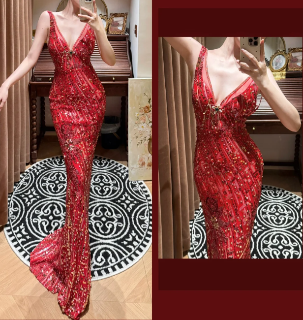 Luxurious Mermaid V Neck Red Sequin Beaded Without Sleeves Long Prom Dress, Evening Dress