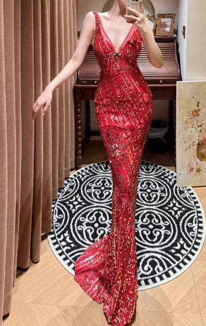 Luxurious Mermaid V Neck Red Sequin Beaded Without Sleeves Long Prom Dress, Evening Dress