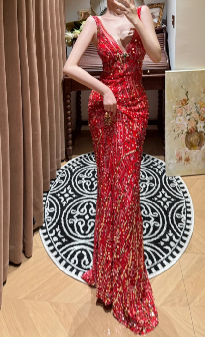 Luxurious Mermaid V Neck Red Sequin Beaded Without Sleeves Long Prom Dress, Evening Dress