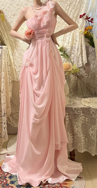 Sweet Pink A Line One Shoulder Chiffon Applique Without Sleeves Long Prom Dress, Evening Dress