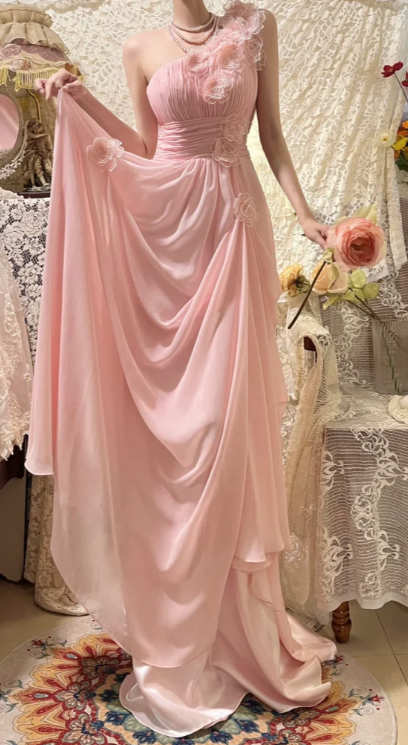 Sweet Pink A Line One Shoulder Chiffon Applique Without Sleeves Long Prom Dress, Evening Dress
