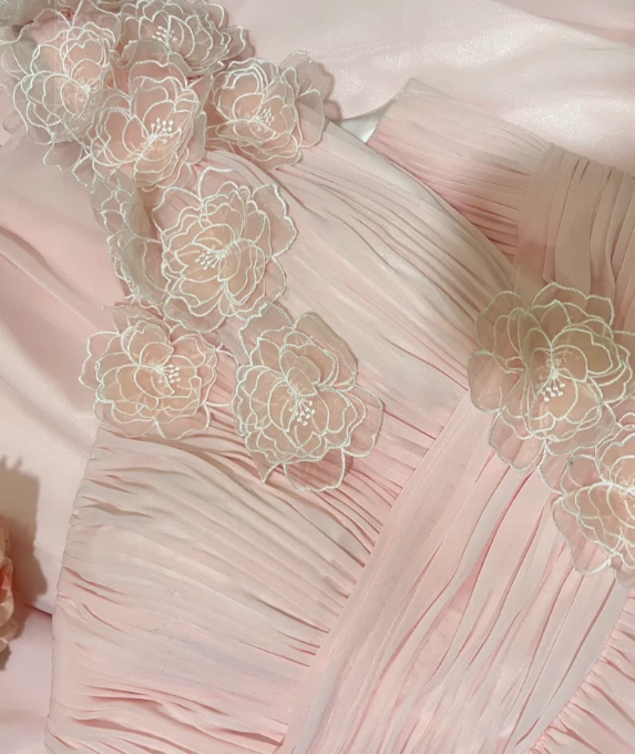 Sweet Pink A Line One Shoulder Chiffon Applique Without Sleeves Long Prom Dress, Evening Dress