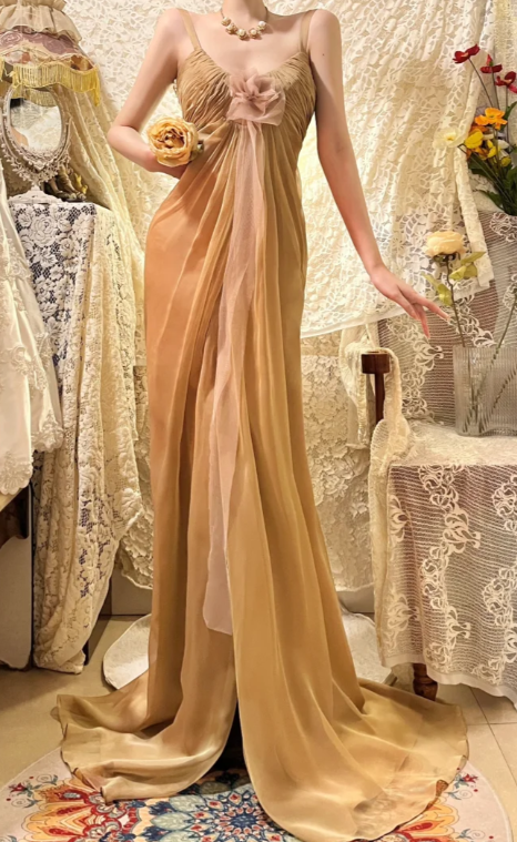 Elegant A Line Spaghetti Straps Chiffon Without Sleeves Long Prom Dress, Evening Dress