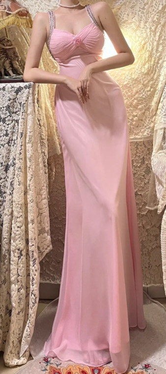 Pink Mermaid Spaghetti Straps Chiffon Beaded Without Sleeves Long Prom Dress, Evening Dress