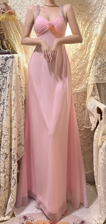 Pink Mermaid Spaghetti Straps Chiffon Beaded Without Sleeves Long Prom Dress, Evening Dress