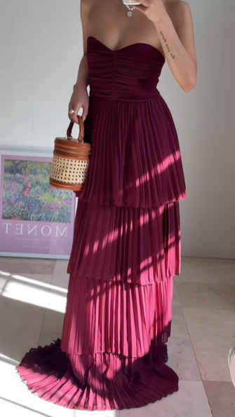 Vintage Burgundy Strapless Chiffon Layered A Line Prom Evening Dress,Long Party Dress